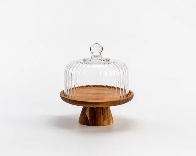 “Cake” Akazienholz Servierplatte auf Fuß mit Glasglocke – 26cm